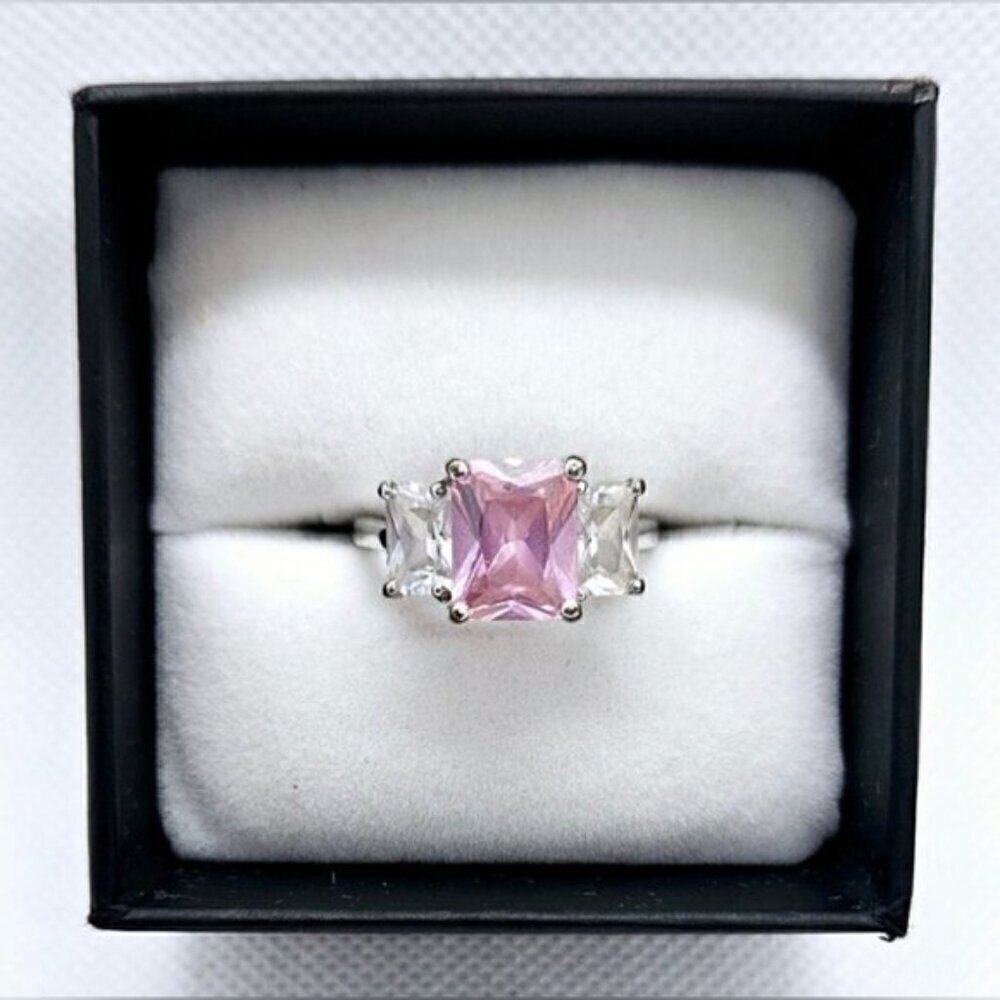 Pink CZ Three Stone Ring Size 8 Silver Tone Cocktail Statement